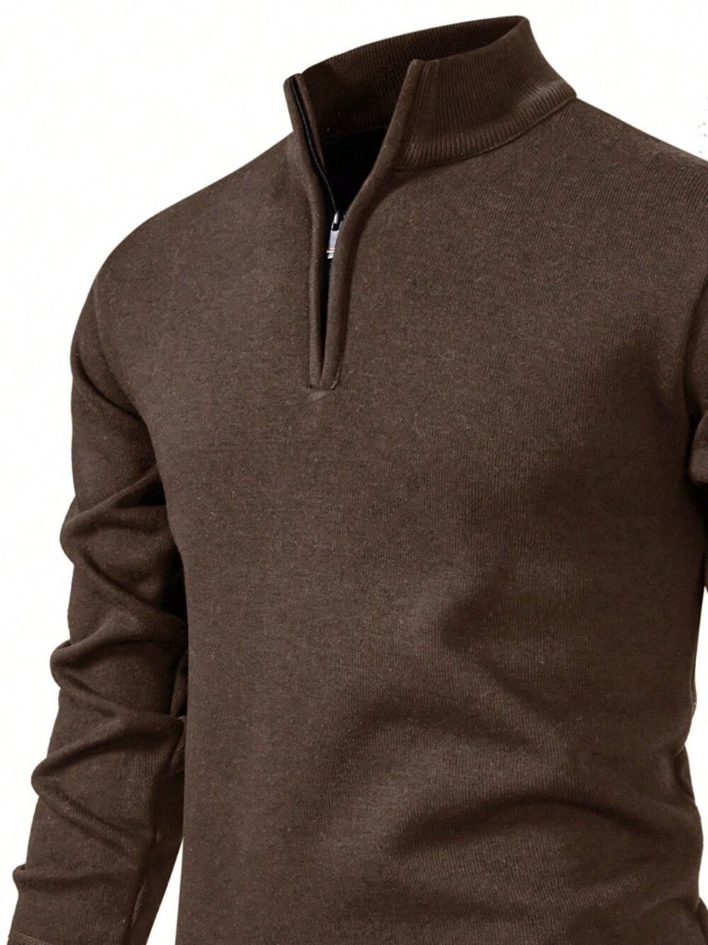 Coffee Brown Casual Men's Stand Collar Quarter Zip Pullover Sweater